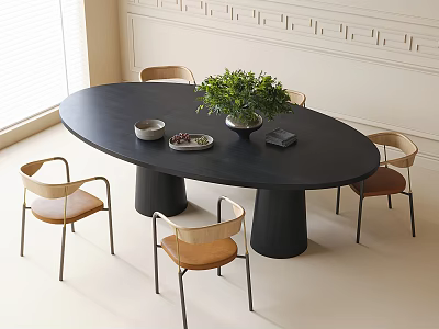 Modern Black Oval Dining Table With Four Light Colored Chairs And Green Plant Interior 3d model