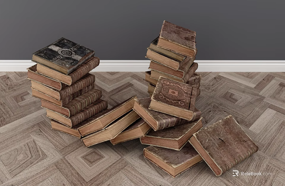 Vintage Old Books Stacked And Scattered On Geometric Pattern Floor With Grey Wall 3d model 