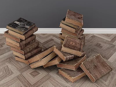 Vintage Old Books Stacked And Scattered On Geometric Pattern Floor With Grey Wall 3d model