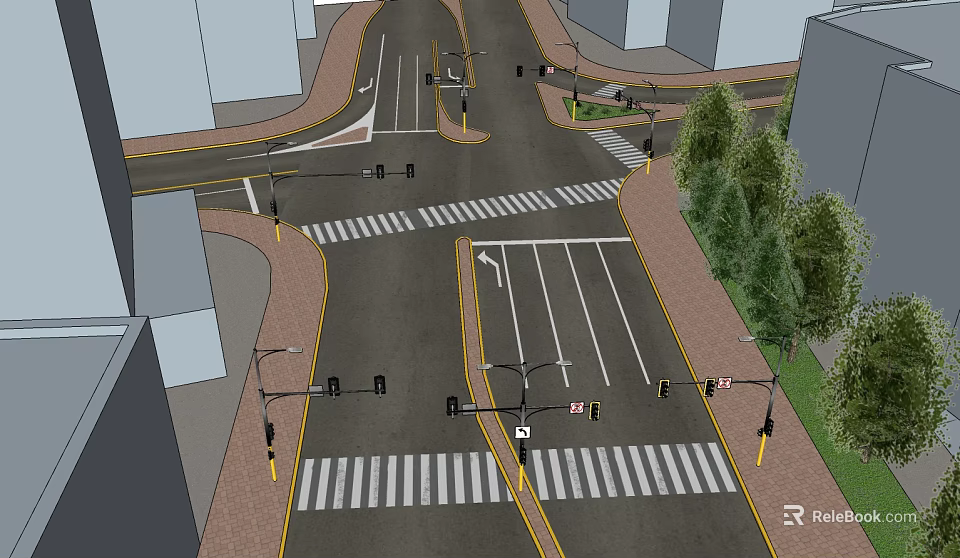 Urban Municipal Road Intersection Featuring Crosswalks Traffic Lights Lane Markings Green Belts and Street Lamps 3d model 
