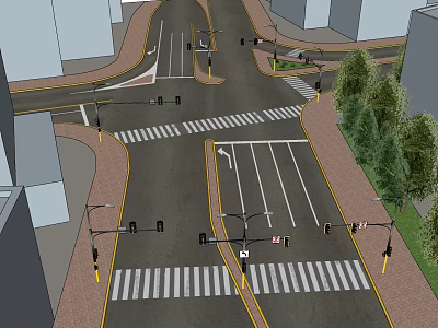 Urban Municipal Road Intersection Featuring Crosswalks Traffic Lights Lane Markings Green Belts and Street Lamps 3d model
