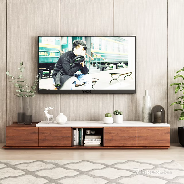 Modern Wooden TV Stand with Television Decorative Figurines Vases Green Plants and Books 3d model 