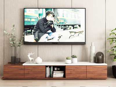 Modern Wooden TV Stand with Television Decorative Figurines Vases Green Plants and Books 3d model