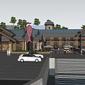 Scenic Commercial Street With Traditional Architecture Mountain View Waterfront And Pedestrian Walkway