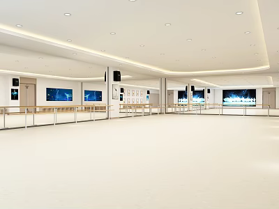 Spacious Fitness Studio With Mirrors Barres Large Screens And Light Colored Floor 3d model