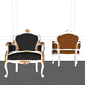 Two Elegant Leisure Chairs With Dark Brown Leather White Frame Gold Accents Carved Design
