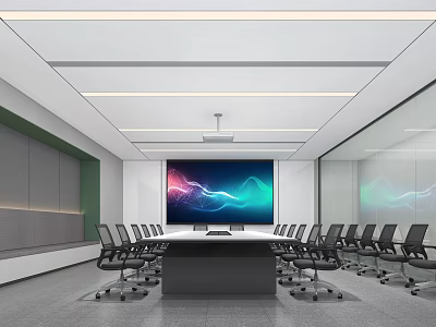 Modern Conference Room Interior Design With Long Meeting Table Black Office Chairs And Large Screen 3d model