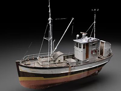Old Fishing Boat With Wooden Structure Mast Railings and Weathered Color Stripes 3d model