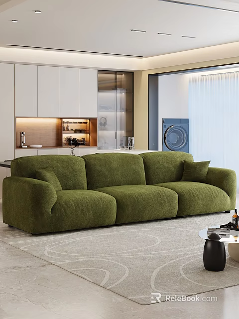 Green Plush Multi Seater Sofa In Modern Interior With White Cabinets Open Shelf Lighting 3d model 