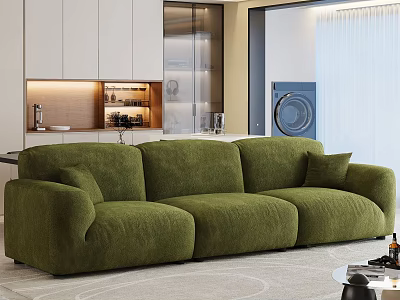 Green Plush Multi Seater Sofa In Modern Interior With White Cabinets Open Shelf Lighting 3d model