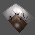 Cultural Art Gallery With Abstract Wall Installations And Visitor Viewing Artworks In Modern Interior Space