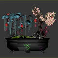 Decorative Bonsai Scene With Blue Branches Pink Cherry Blossom Red Lanterns And Green Grass