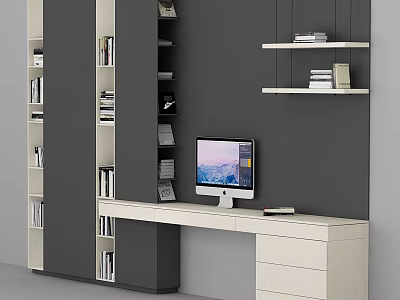 Modern Bookcase Design With Desk Computer And Wall Shelves Holding Books 3d model