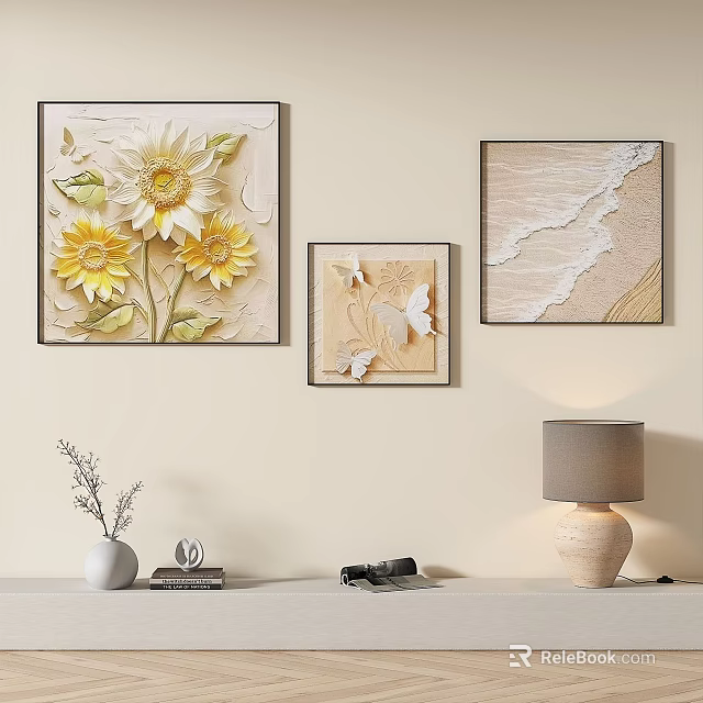 Interior Wall Decor With Floral Butterfly And Wave Artworks On Shelf With Vase And Lamp 3d model 