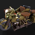 Vintage Three Wheeled Motorcycle With Golden Body Brown Seat And Leather Suitcase