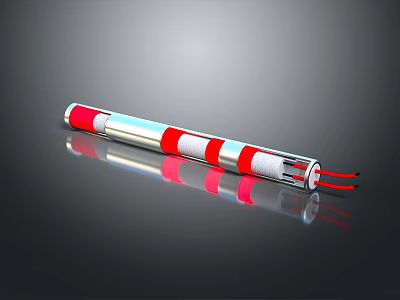 Red And White Striped Tubular Object With Metallic Surface And Red Wires On Dark Background 3d model