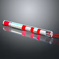 Red And White Striped Tubular Object With Metallic Surface And Red Wires On Dark Background