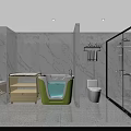 Modern Bathroom With Marble Walls Green Bathtub White Toilet And Glass Shower Enclosure