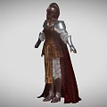 Medieval Game Movie Character Wearing Silver Armor With Red Brown Cloak And Helmet