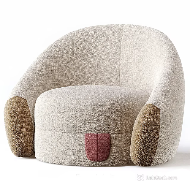 Beige Single Sofa With Plush Fabric Rounded Design Brown Armrests And Red Accent 3d model 
