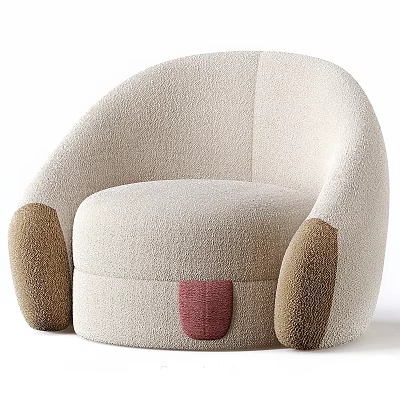 Beige Single Sofa With Plush Fabric Rounded Design Brown Armrests And Red Accent 3d model