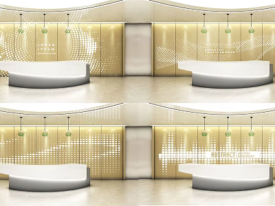 Modern Reception Desk Design With Curved Counter And Perforated Gold Wall Lighting 3d model