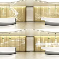 Modern Reception Desk Design With Curved Counter And Perforated Gold Wall Lighting