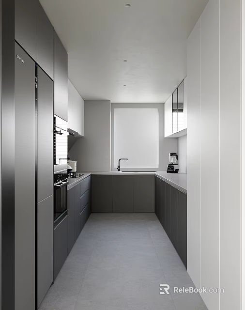 Modern Kitchen Interior With Gray Cabinetry Stainless Steel Appliances Sink And Sleek Countertop 3d model 
