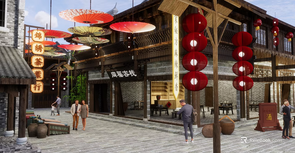 Traditional Commercial Street With Red Lanterns Oil Paper Umbrellas And Pedestrians 3d model 