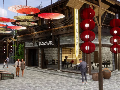 Traditional Commercial Street With Red Lanterns Oil Paper Umbrellas And Pedestrians 3d model