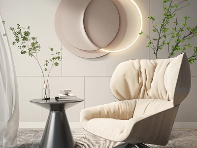 Modern Interior With Beige Padded Single Seater Sofa Circular Wall Decor And Green Plants 3d model