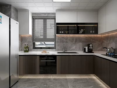 Modern Kitchen Interior With White Upper Dark Lower Cabinets Marble Countertop And Stainless Steel Appliances 3d model