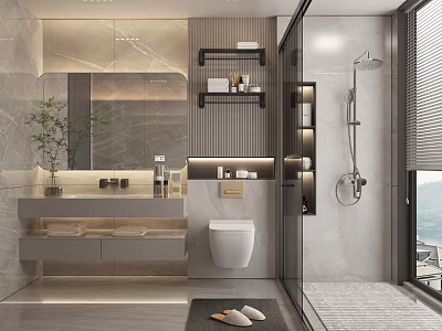 Modern Bathroom Interior With Wall Mounted Toilet Marble Walls Vanity Mirror And Green Plant 3d model