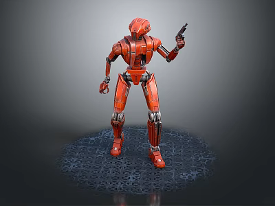 Sci Fi Red Robot Character Standing On Textured Platform Holding Gun In Action Pose 3d model