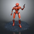 Sci Fi Red Robot Character Standing On Textured Platform Holding Gun In Action Pose 3d model