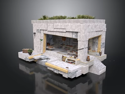 Stone Structure Open Space Design With Green Roof Seating Area And Decorative Items 3d model