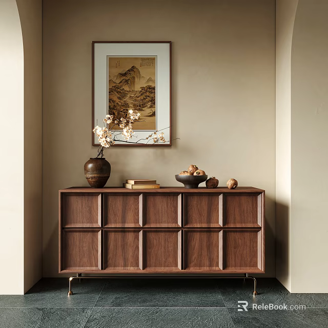 Modern Entryway Console Cabinet In Walnut With Vase Flowering Branches Books Bowl And Landscape Painting 3d model 