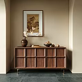 Modern Entryway Console Cabinet In Walnut With Vase Flowering Branches Books Bowl And Landscape Painting