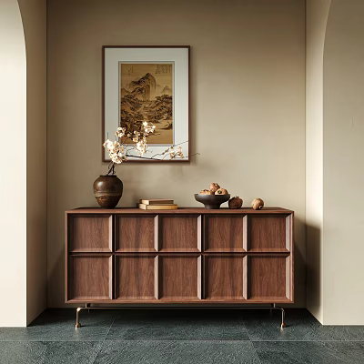 Modern Entryway Console Cabinet In Walnut With Vase Flowering Branches Books Bowl And Landscape Painting 3d model