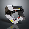 Sci Fi Futuristic Weapon Featuring White Black Body Yellow Warning Labels And Ring Grip Structure 3d model