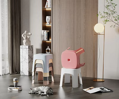 Modern Home Interior With Pink And White Stools For Stylish Decor 3d model