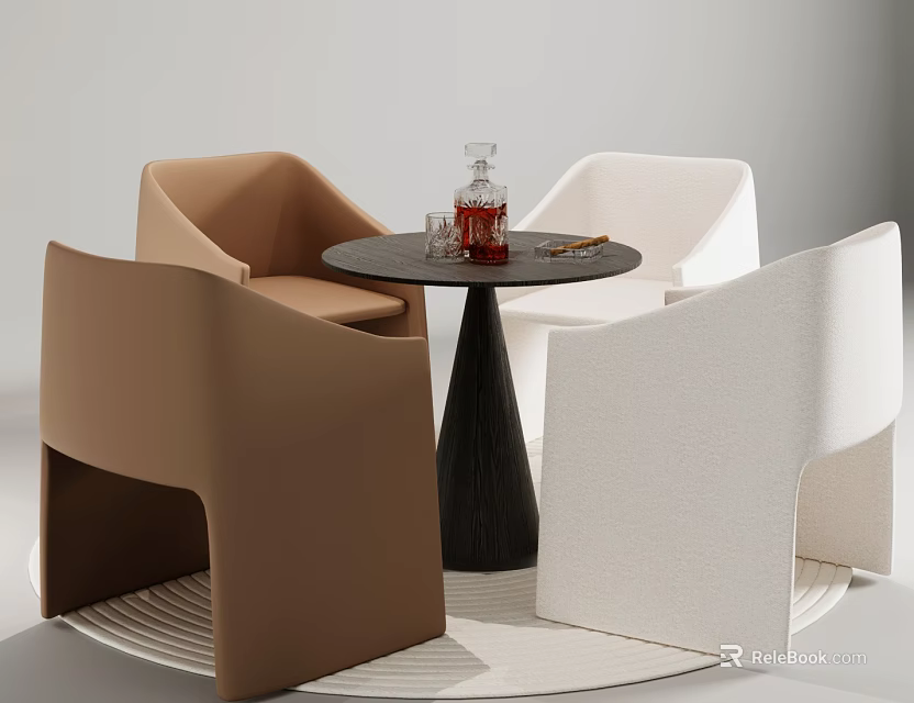 Modern Round Table And Upholstered Chair Set With Brown White Seats For Stylish Living Room 3d model 
