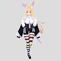 Woman With Rabbit Ears Blonde Hair Wearing Black Coat White Top Rainbow Elements Striped Stockings
