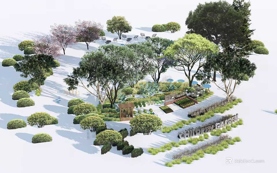 Arbor Trees In Garden Landscape Design With Various Shrubs Pathways And Seats 3d model 