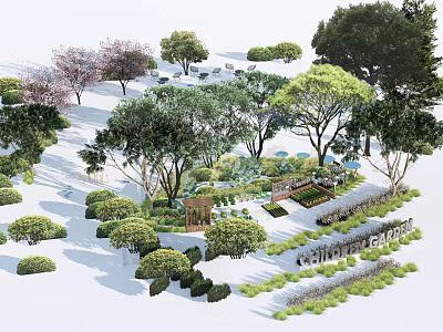 Arbor Trees In Garden Landscape Design With Various Shrubs Pathways And Seats 3d model