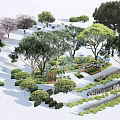 Arbor Trees In Garden Landscape Design With Various Shrubs Pathways And Seats