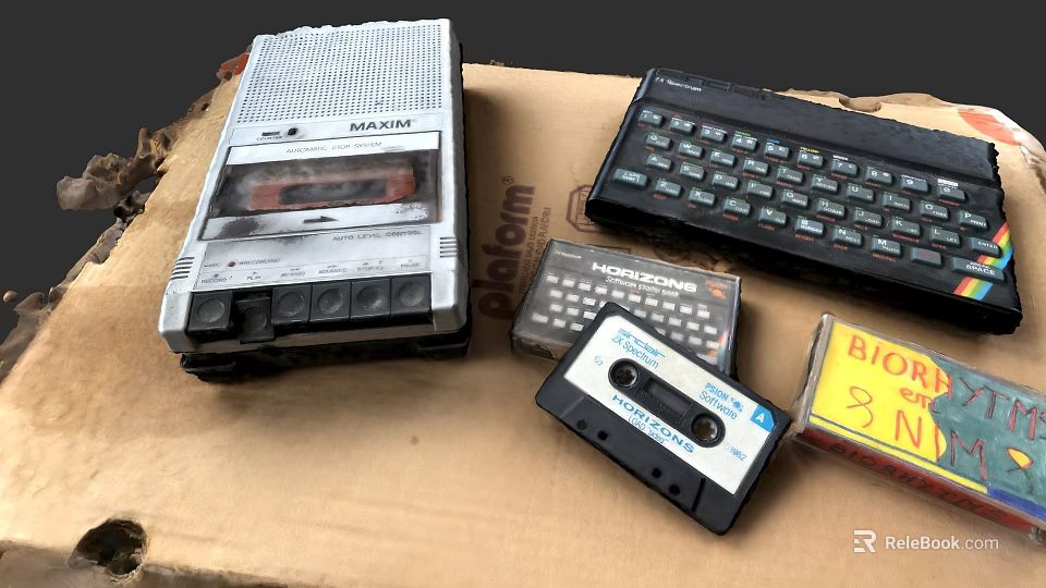 Vintage Electronic Devices Including Tape Recorder Cassette Tapes Keyboard And Calculator 3d model 