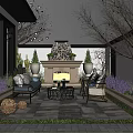 Courtyard Garden With Outdoor Fireplace Comfortable Sofa Chairs Lavender Plants And Decorative Trees