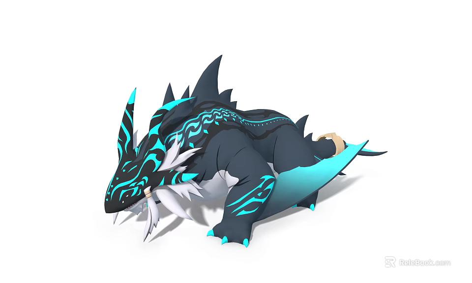 Mystic Black Dragon Game Character With Blue Patterns Spikes And White Mane 3d model 