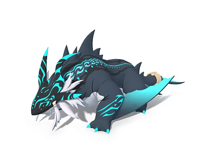 Mystic Black Dragon Game Character With Blue Patterns Spikes And White Mane 3d model